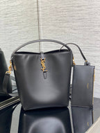 YSL Le 37 Black Shiny Leather Handle Shoulder Bag with YSL Charm and Adjustable Strap (20 x 25 x 16) cm