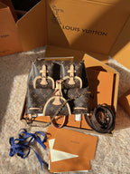 LV Excursion PM Monogram Canvas Backpack Shoulder Bag with Leather Trim and Drawstring Closure (21 x 23 x 10) cm