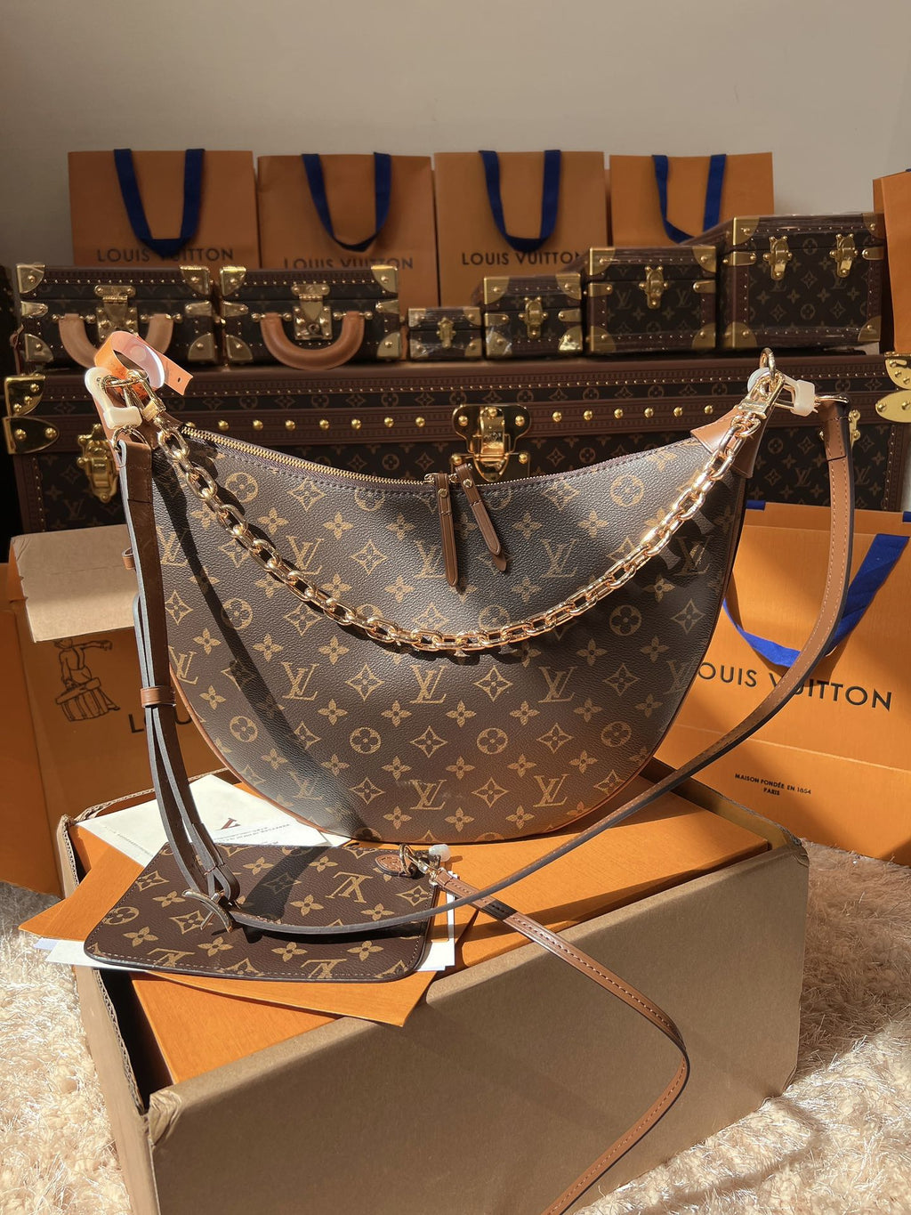 LV Loop Monogram Canvas Hobo Shoulder Crossbody Bag with Chain Detail (38 x 26 x 10) cm