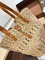 YSL PANIER MEDIUM IN RAFFIA AND VEGETABLE-TANNED LEATHER