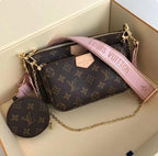 LV Multi Pochette Accessoires Monogram Canvas Crossbody Shoulder Bag with Pink Strap and Two Pouches