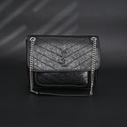 Saint Laurent Niki Medium Black Crinkled Leather Shoulder Bag