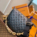 LV Coussin MM Monogram Empreinte Leather Shoulder Crossbody Bag with Black Quilted Exterior and Gold Chain Strap